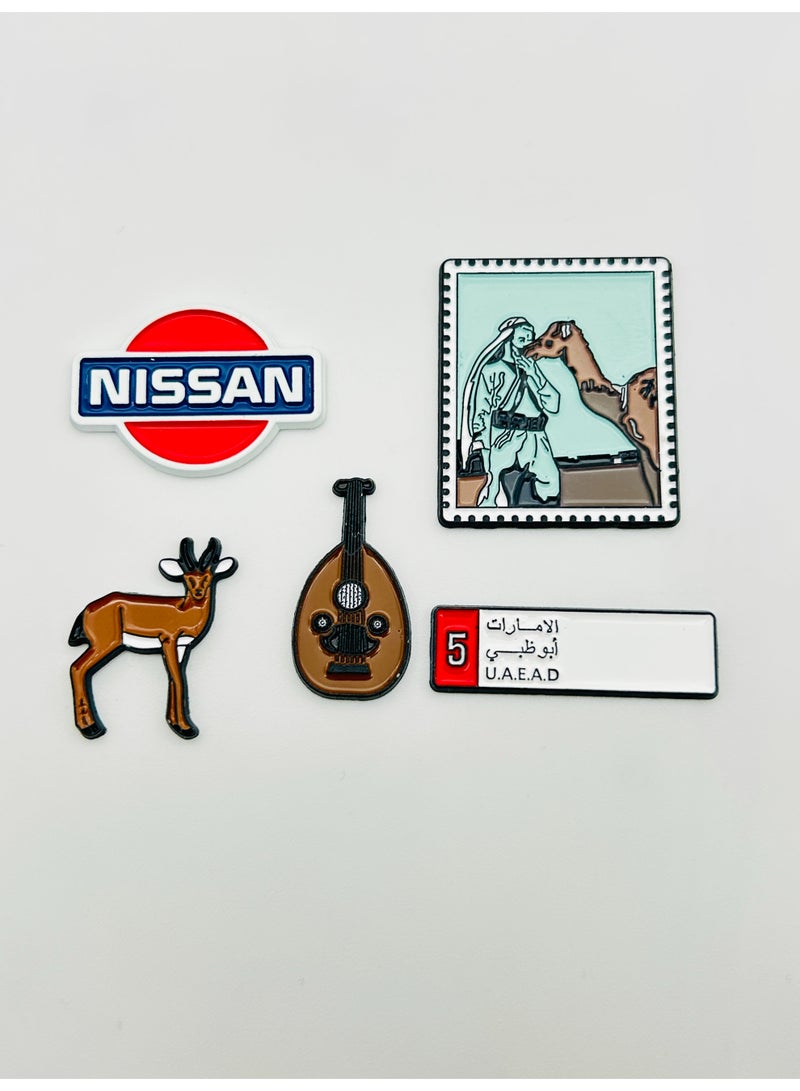 5 pieces of Metal stickers - Nissan logo and Gazelle logo and  the Oud Instrument logo and Emirati Postage Stamp logo Abu Dhabi Car Plate logo- Premium Quality Metal for Mobile, Laptop, Backpacks and more. - Image 1